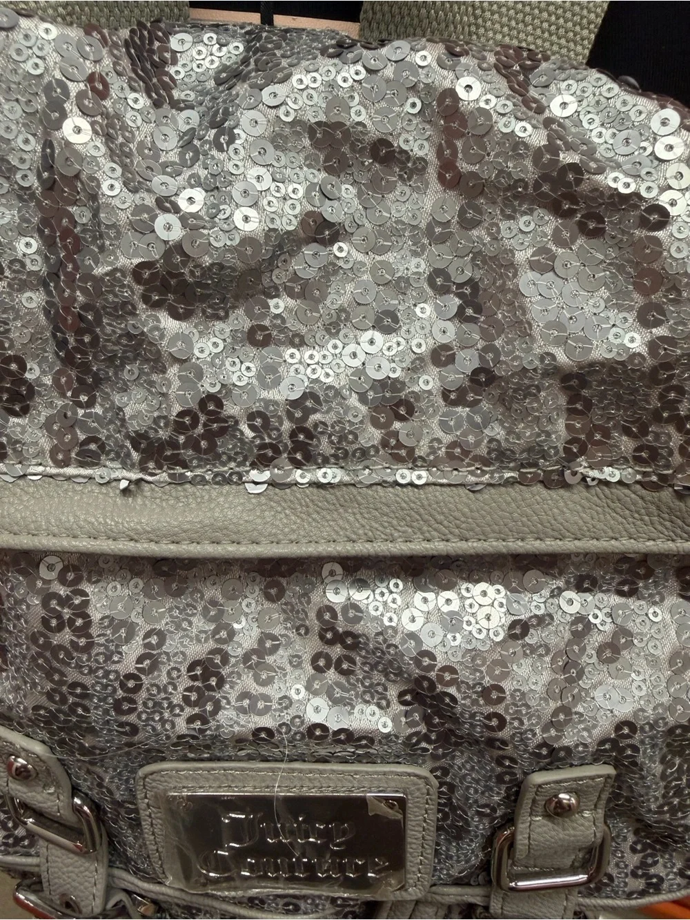 NWT Juicy Couture Silver Sequin Backpack with Buckle Details